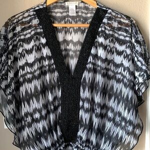 CACHE Black and White Dolman Sleeve Beaded Blouse